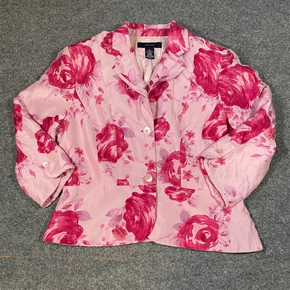 Jones Wear Blazer Womens 14 Pink Floral 100% Silk 3/4 Sleeve Peplum Jacket